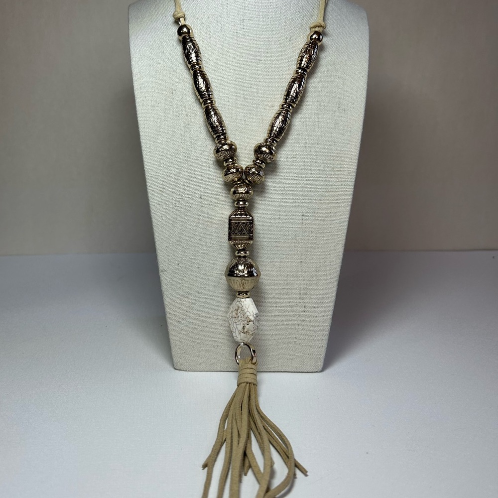 Chico’s long leather tassel beaded necklace